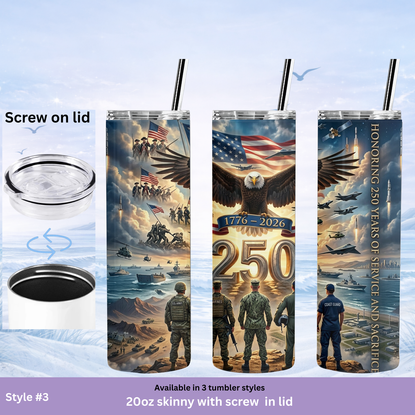 patriotic eagle tumbler with military scenes and American flag