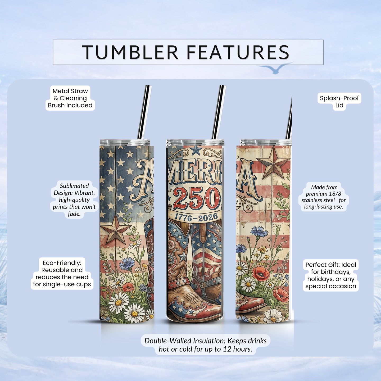 patriotic floral tumbler farmhouse style American flag cup