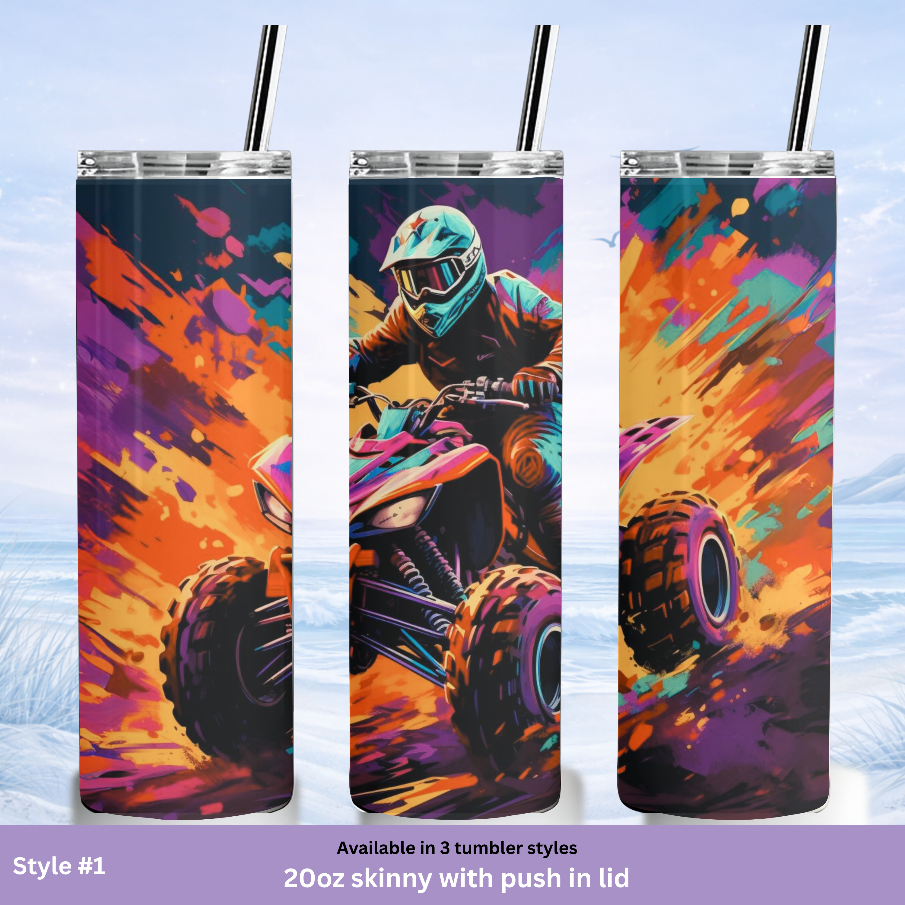 quad bike tumbler vibrant paint splash design