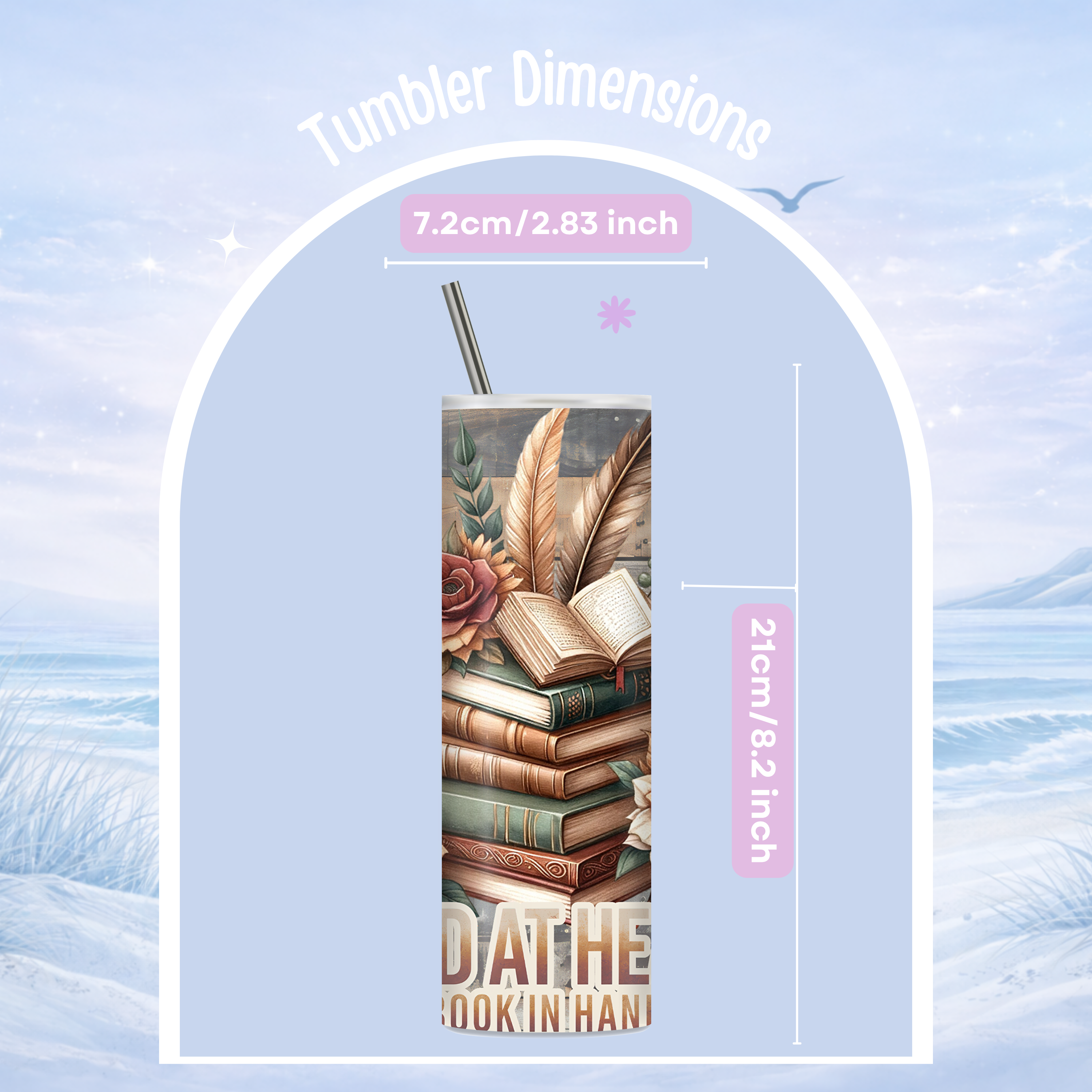 reader tumbler insulated coffee cup book stack design