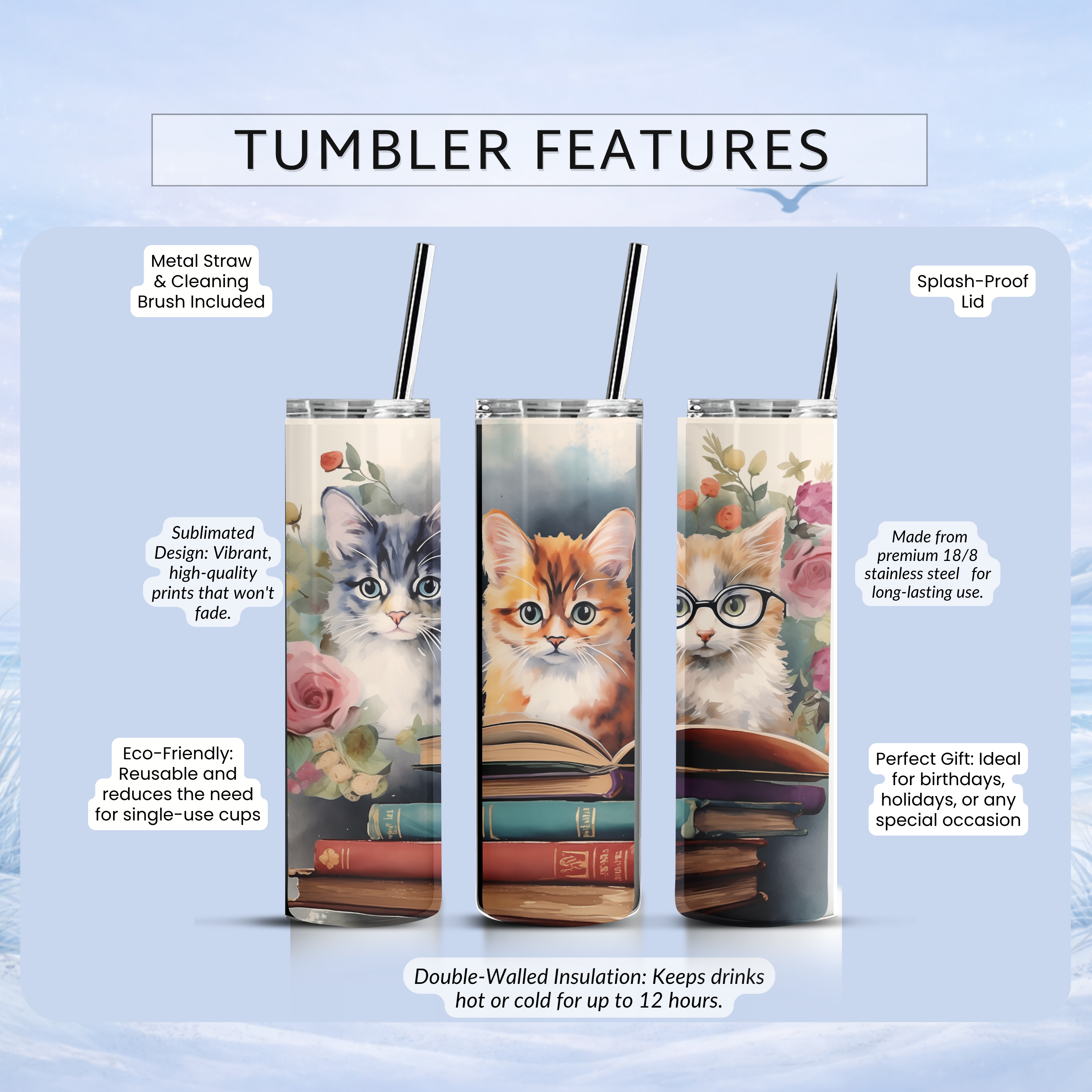 reading cat tumbler gift for cat lovers insulated