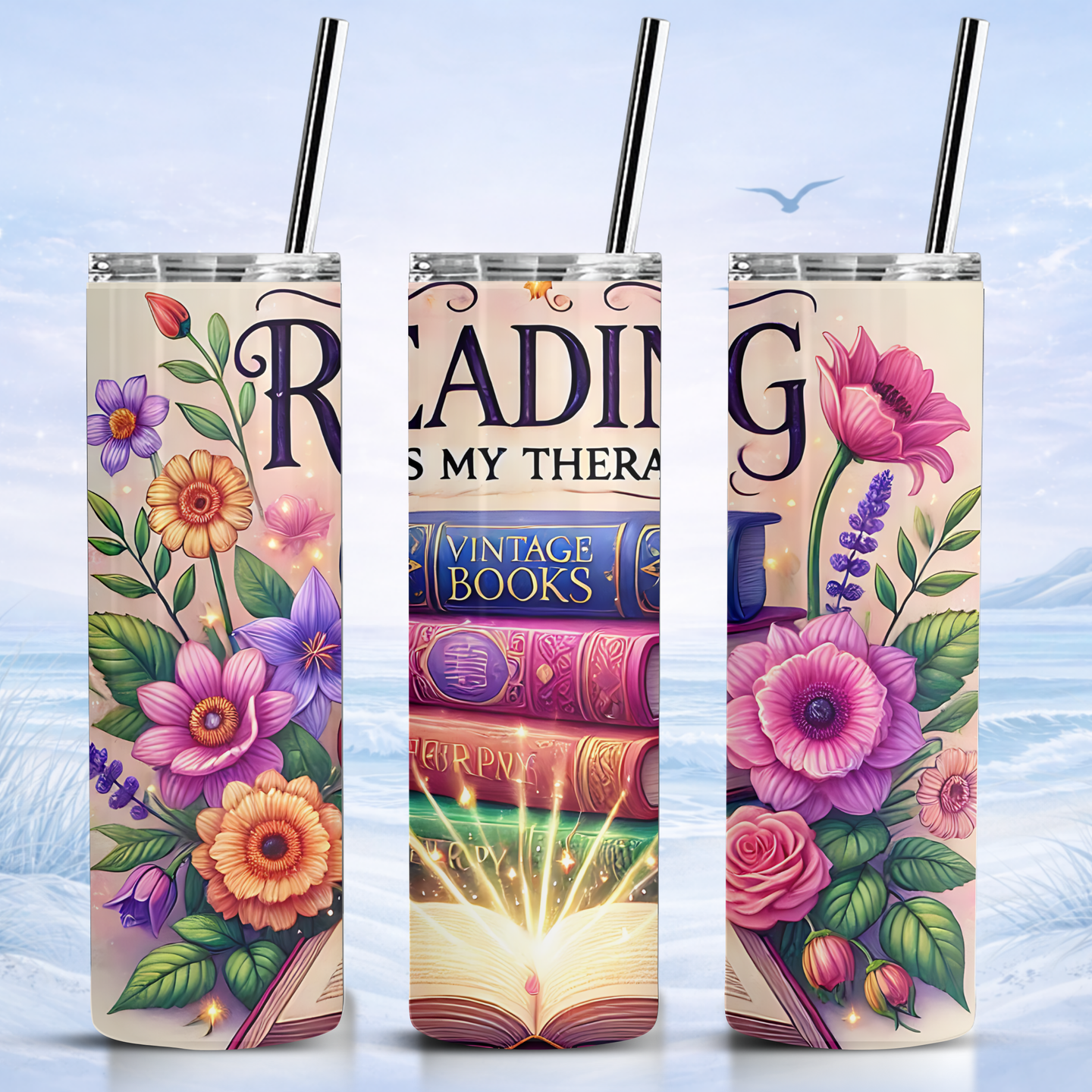 reading is my therapy tumbler floral book lover cup