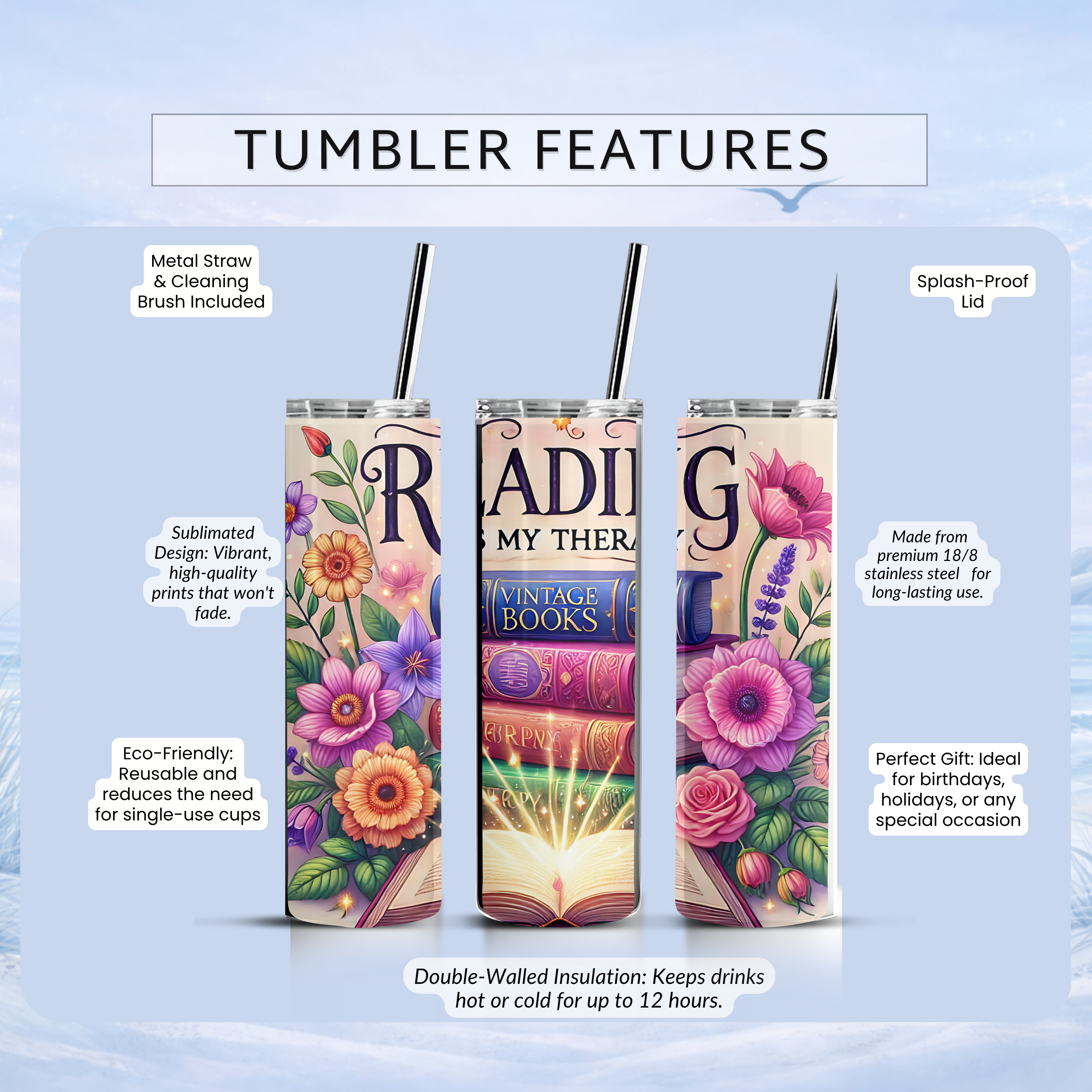 reading therapy tumbler colorful flowers books aesthetic