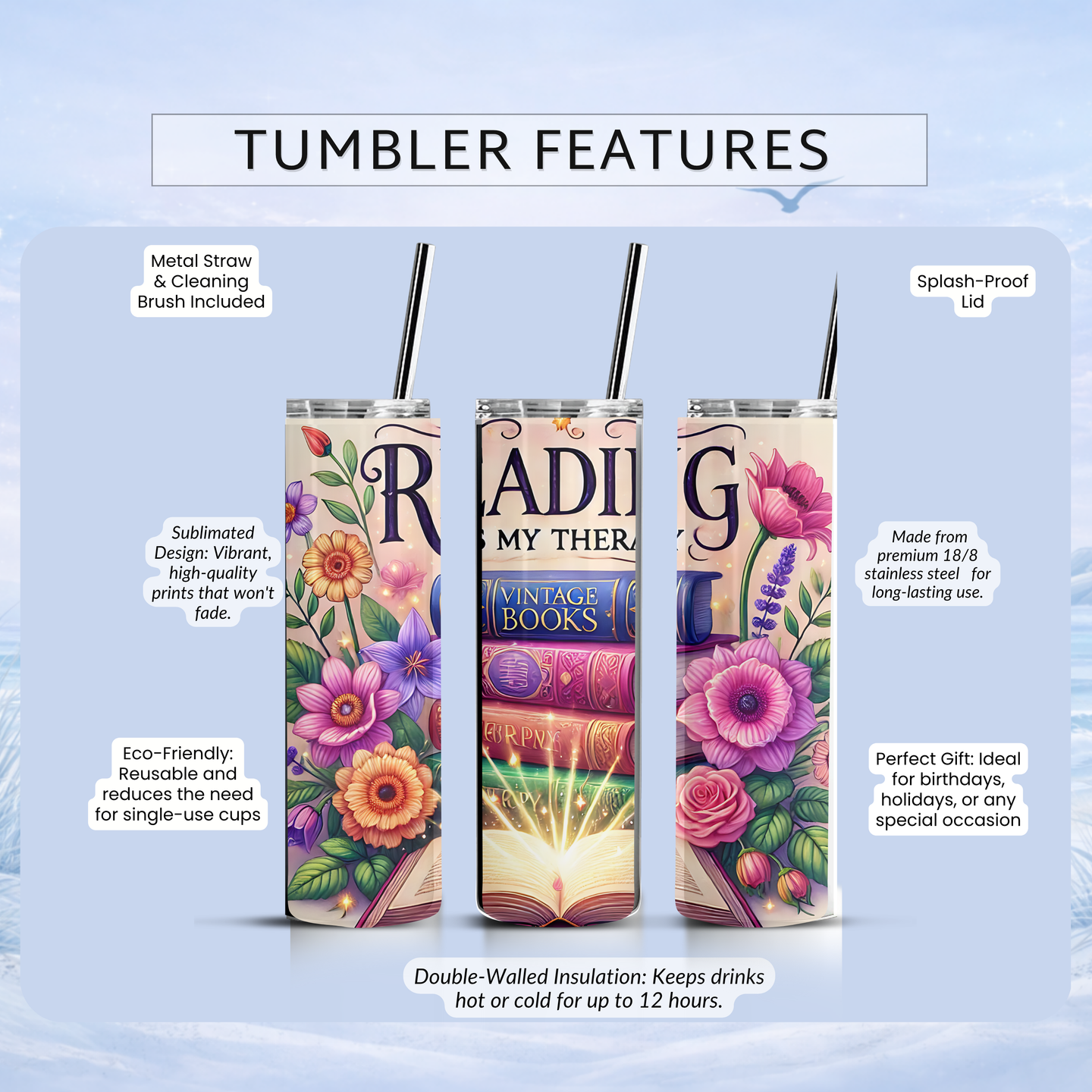 reading therapy tumbler colorful flowers books aesthetic