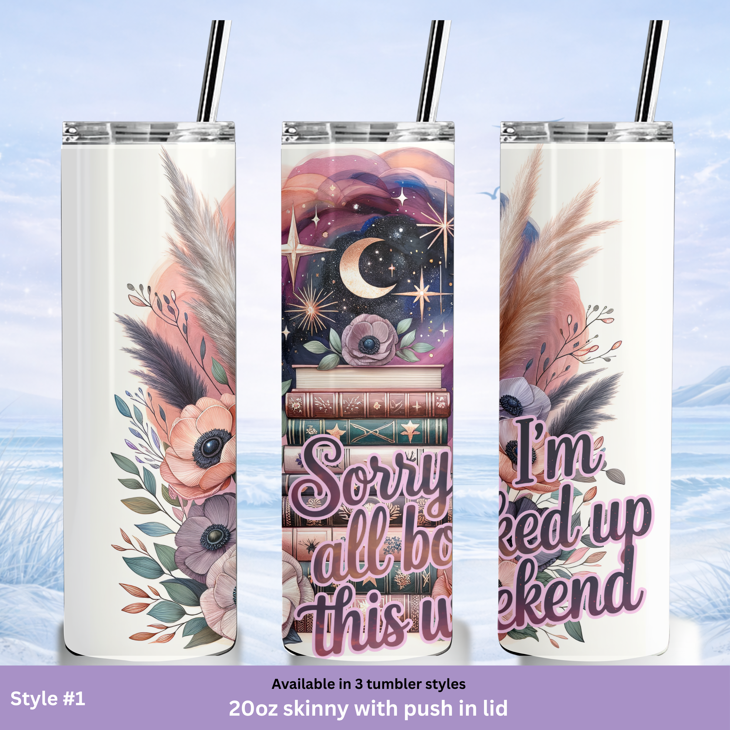 reading tumbler floral books moon night design
