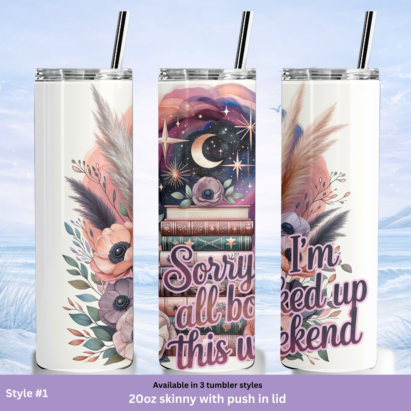 reading tumbler floral books moon night design