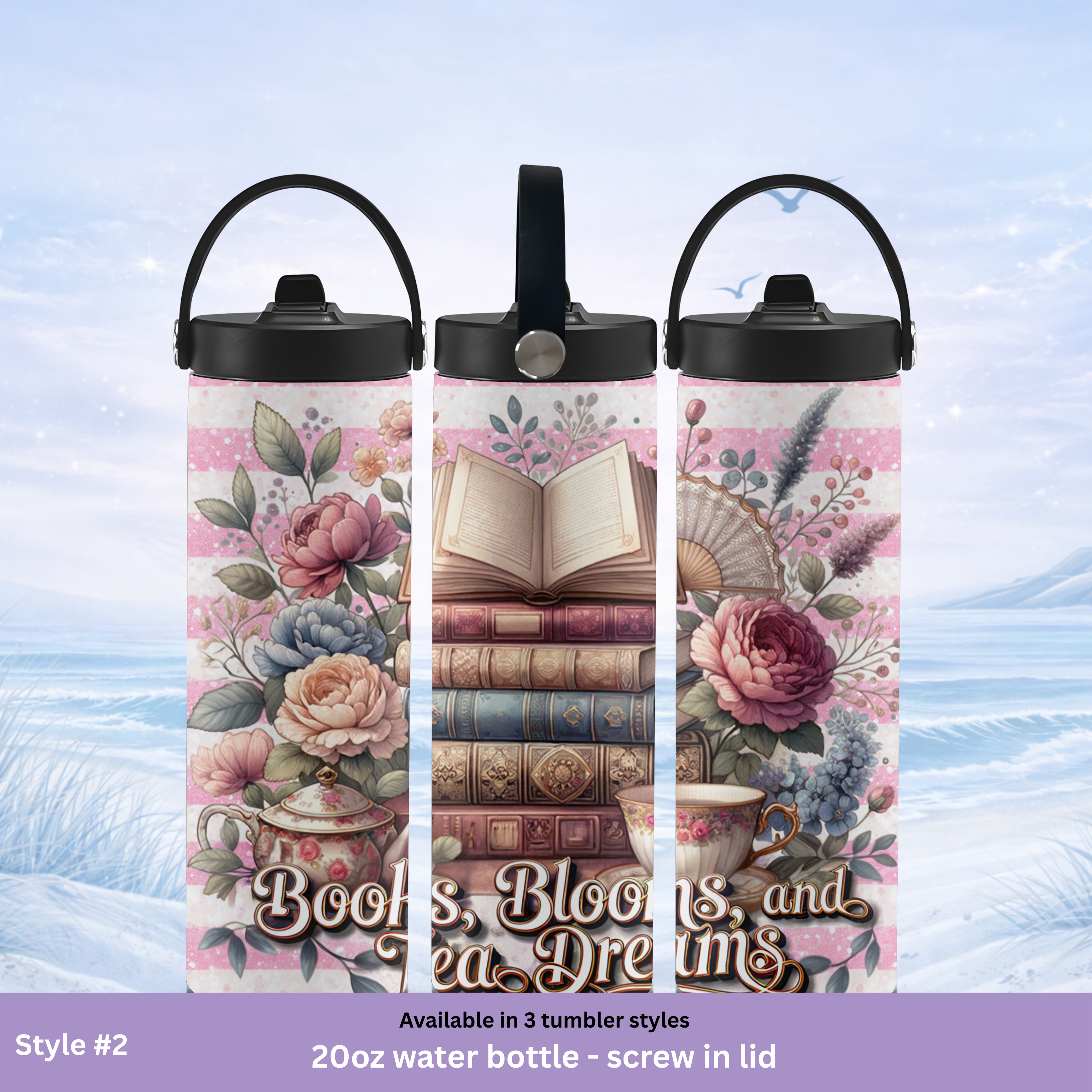 reading tumbler vintage books flowers design