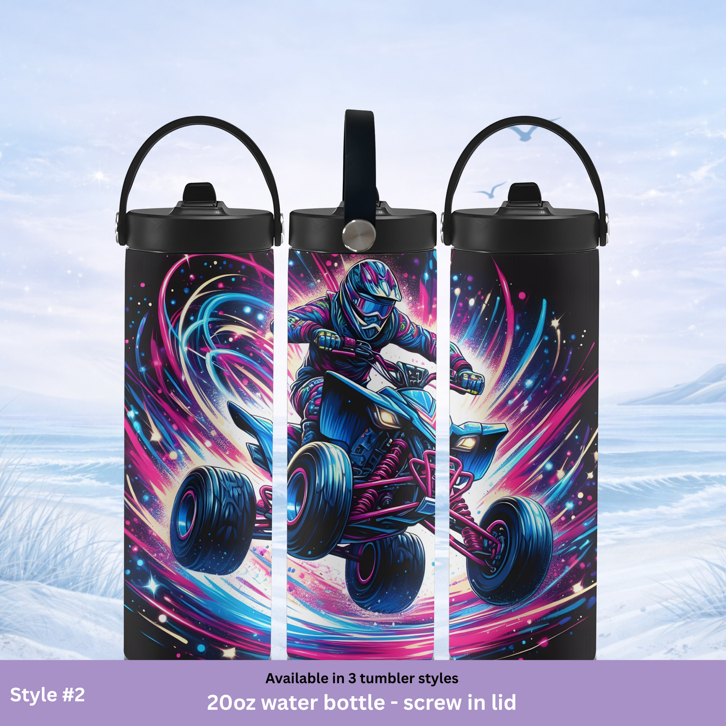 sand dunes ATV water bottle vibrant neon racing design