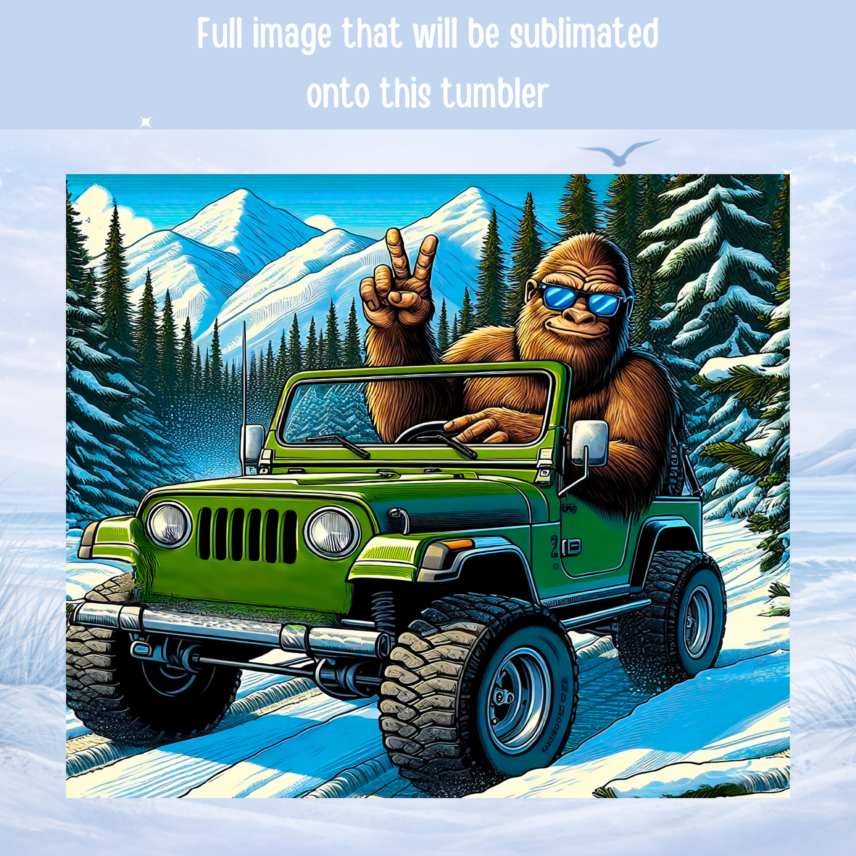 sasquatch tumbler driving jeep mountain scene
