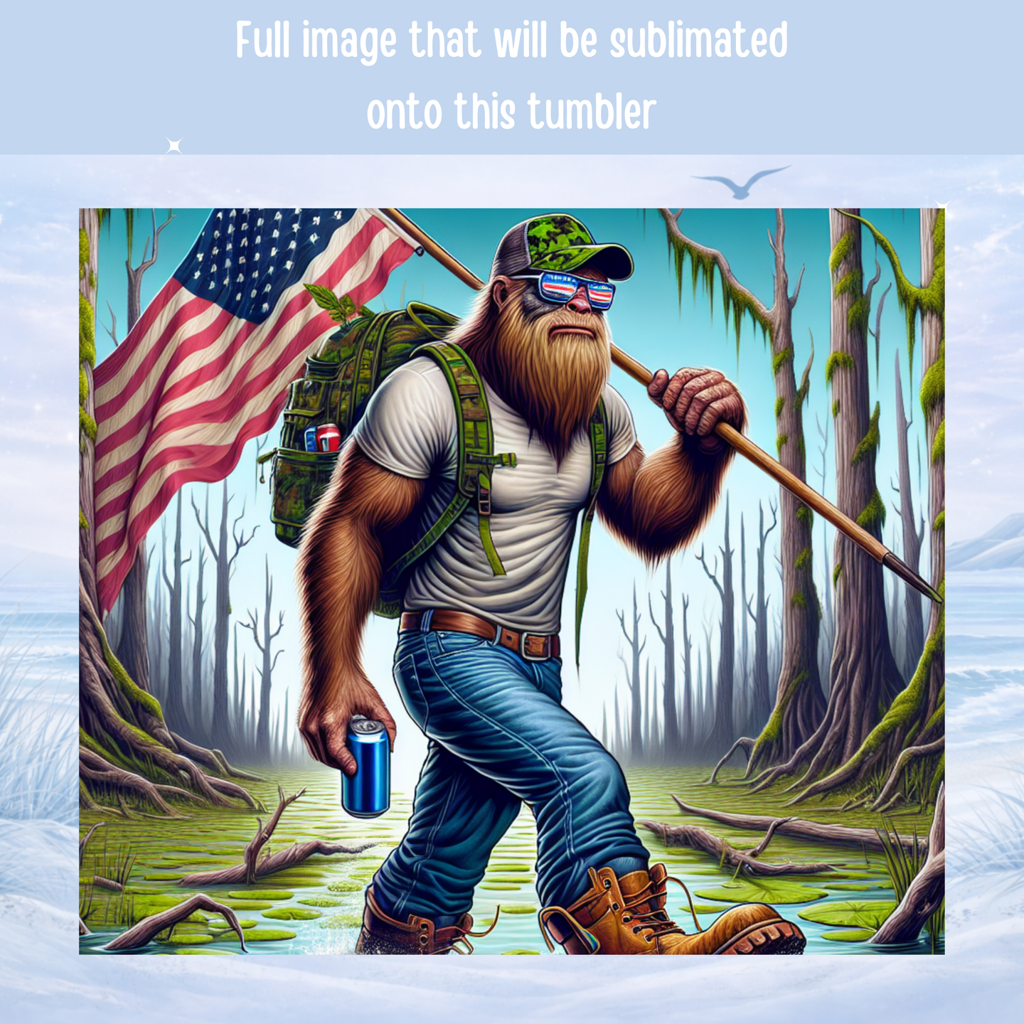 sasquatch tumbler usa flag backpack hiking