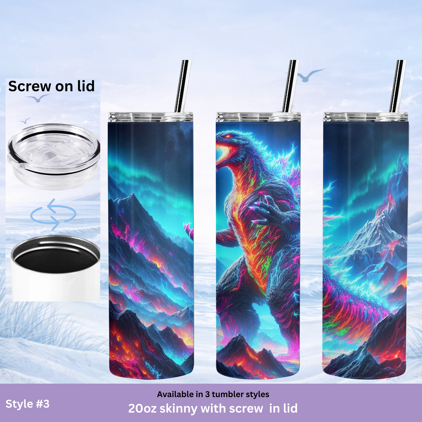 sci fi neon godzilla skinny tumbler