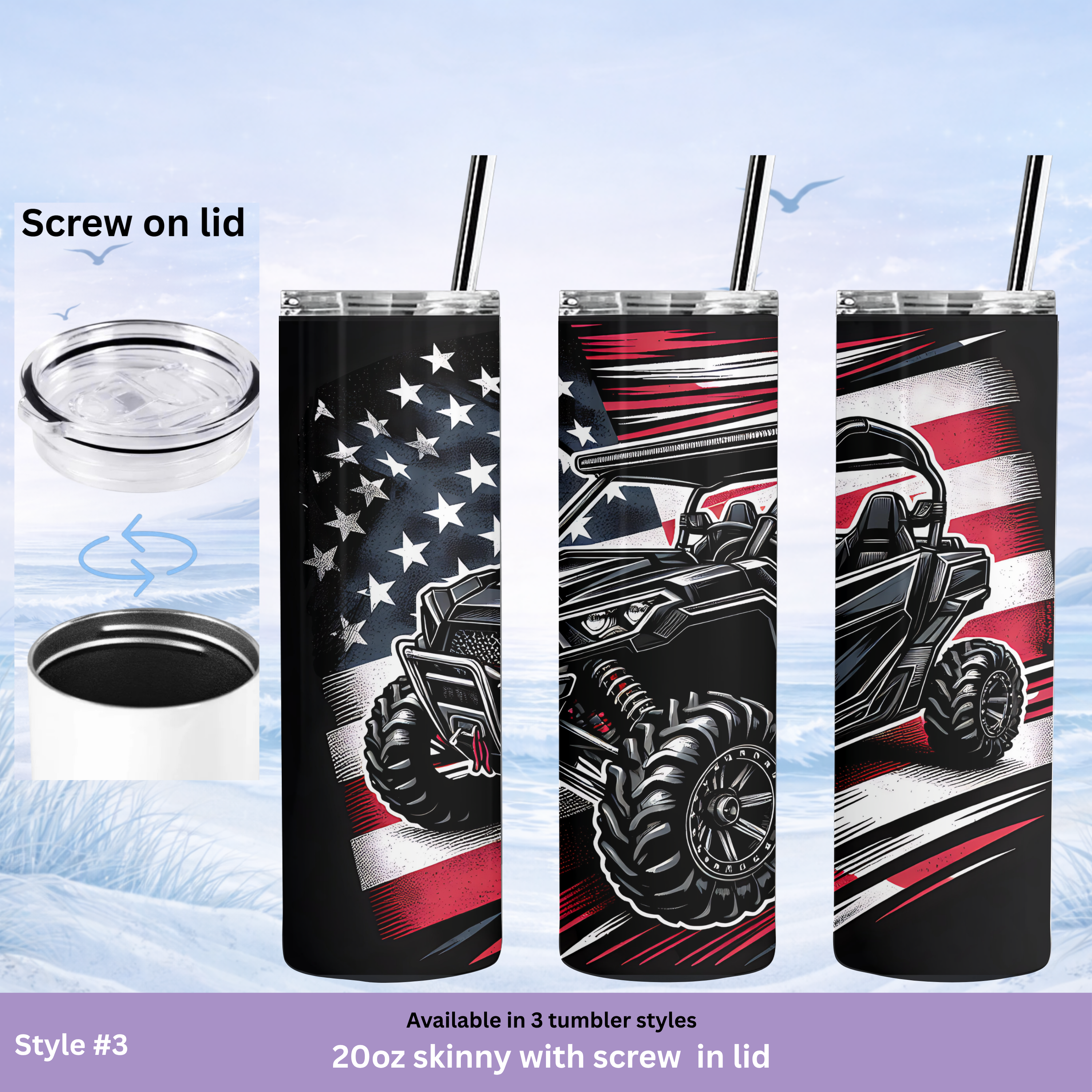 Tumblers with American flag and off-road vehicle design, featuring screw-on lids.