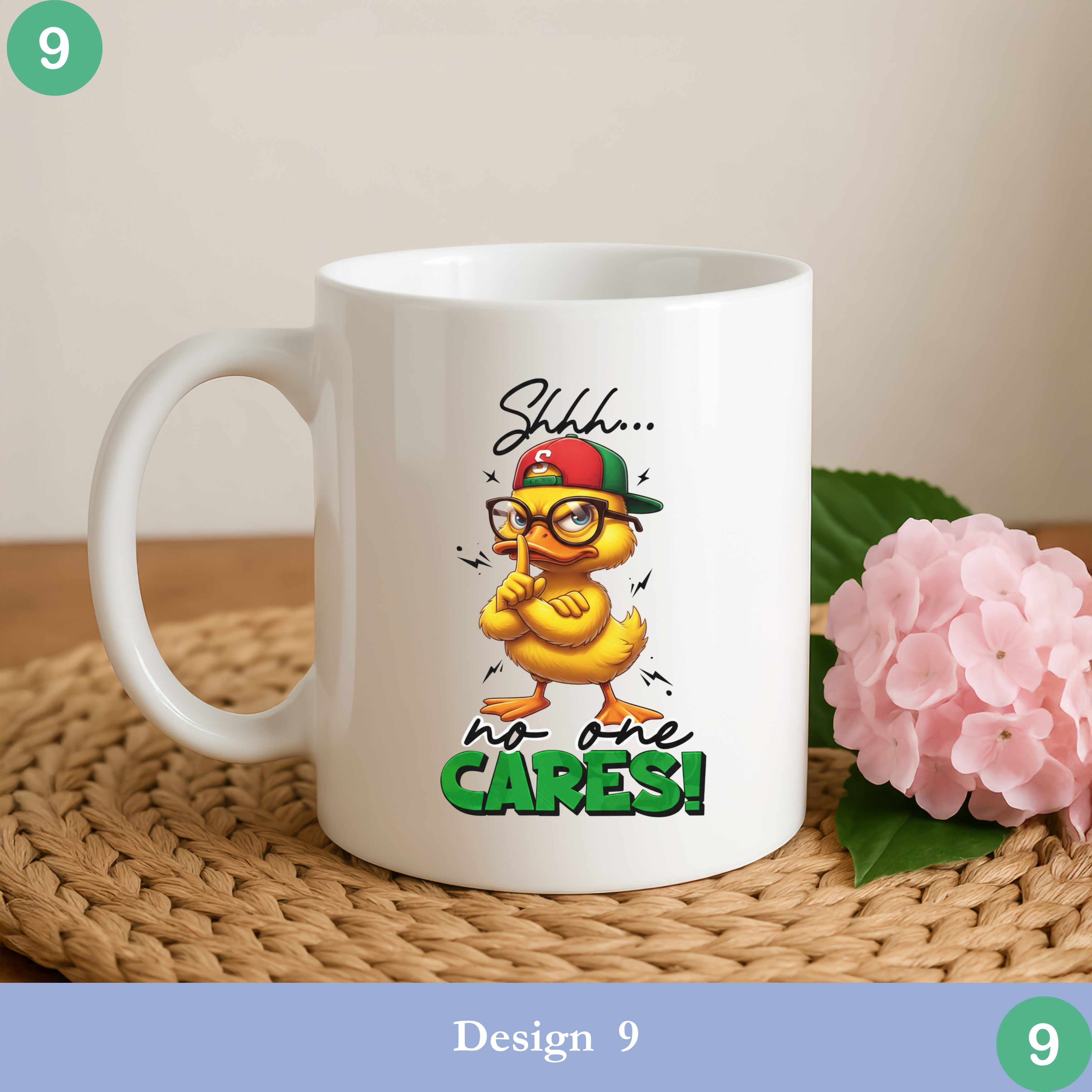 shhh no one cares duck mug funny sarcastic office humor
