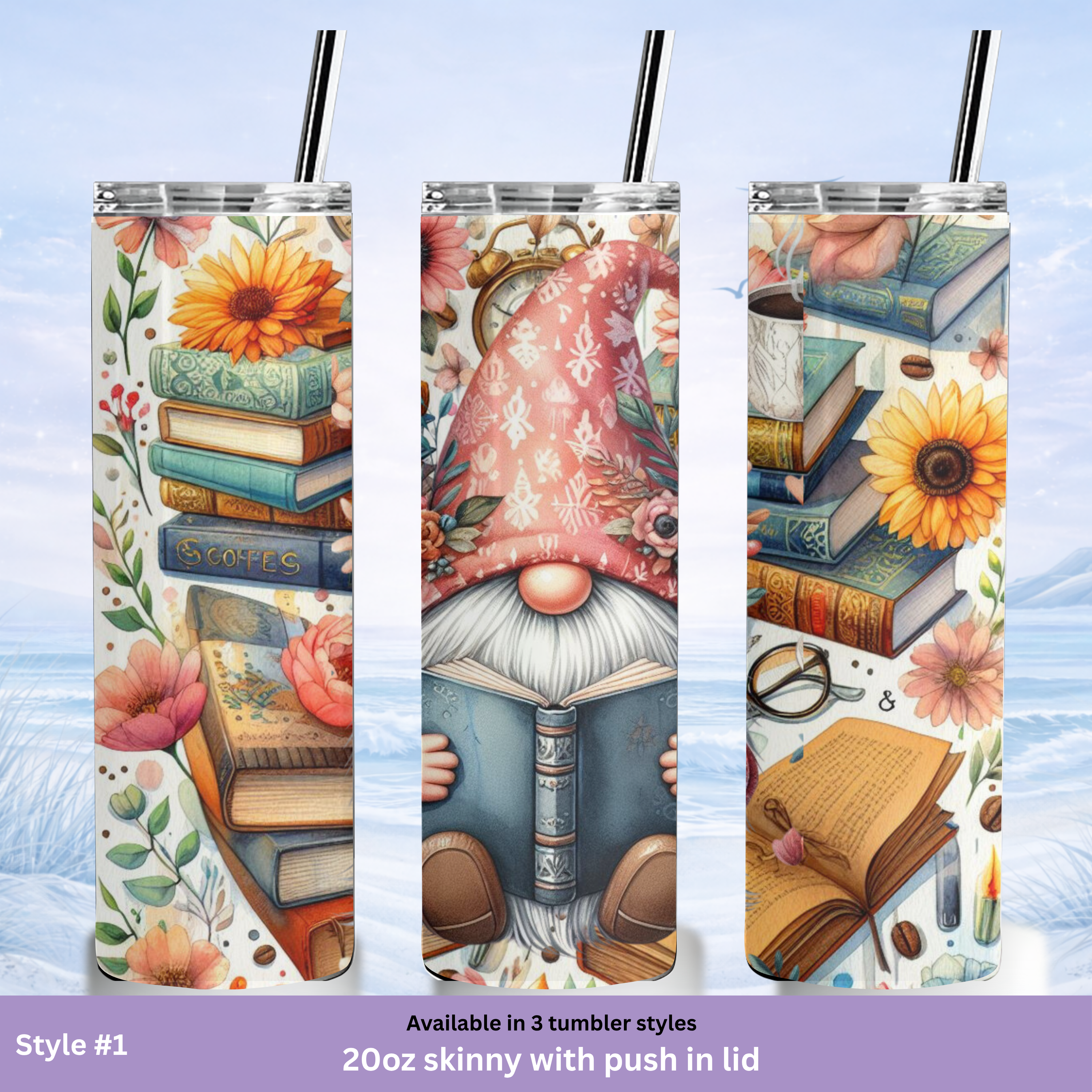 teacher gift tumbler gnome reading design sunflower