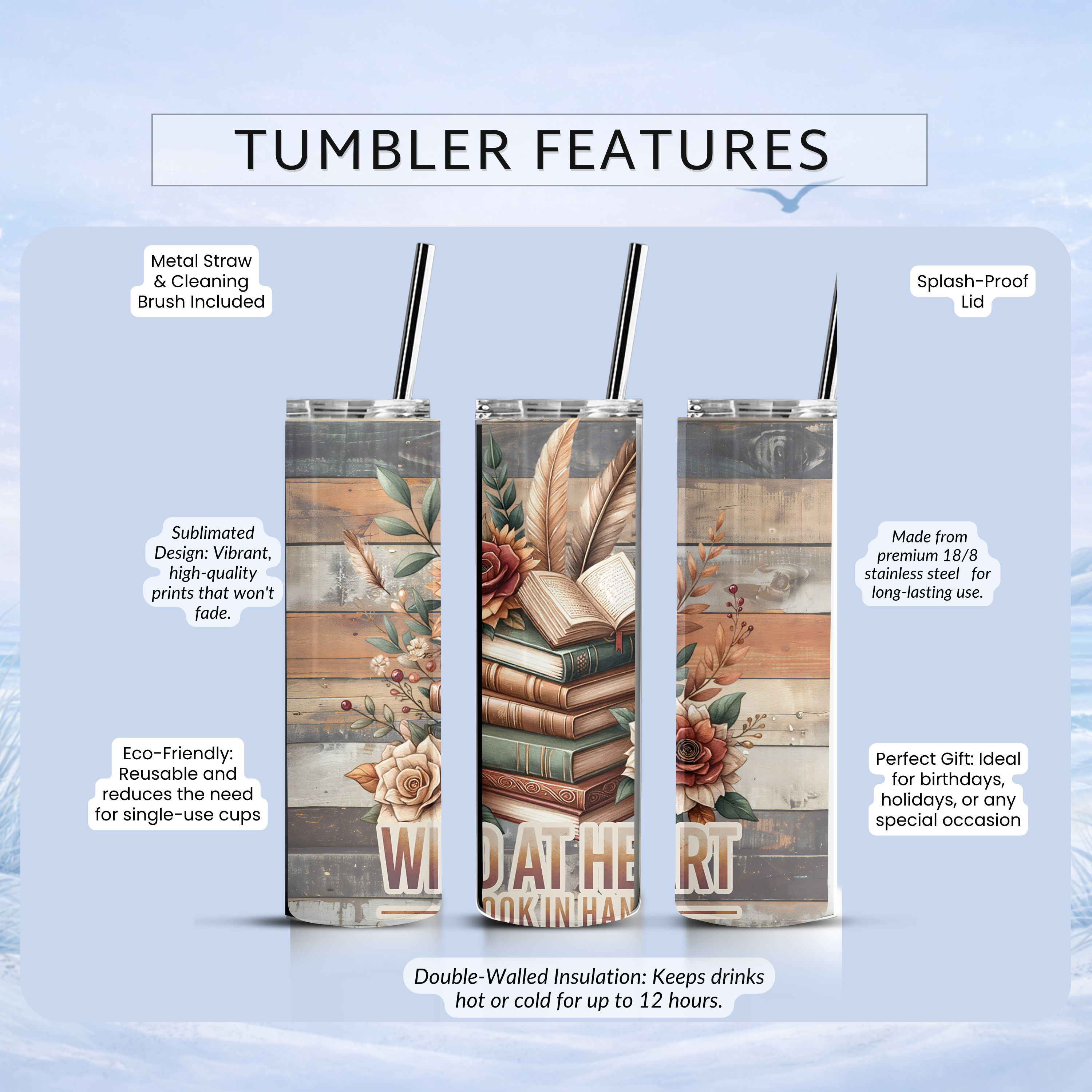 teacher gift tumbler rustic books drinkware