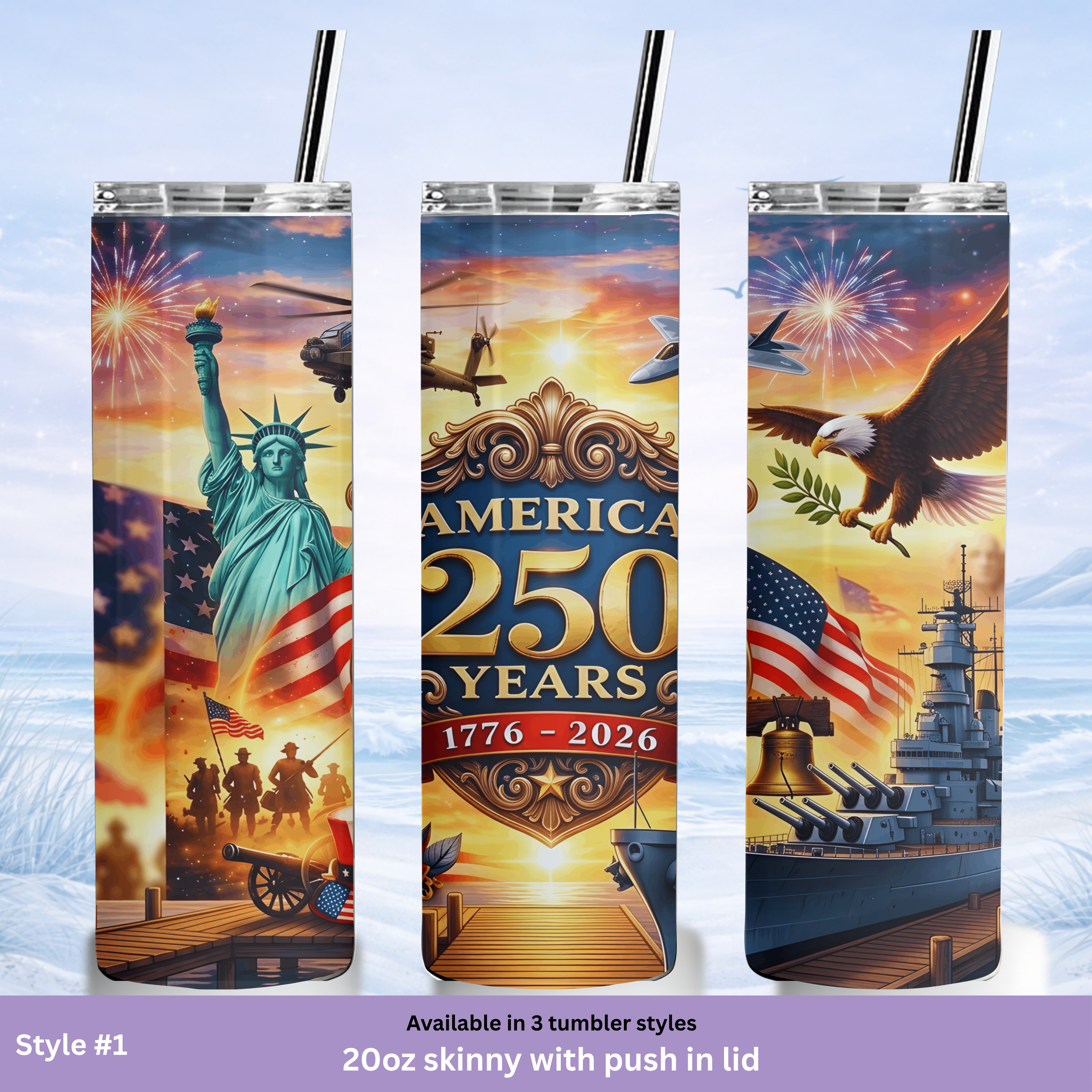  tumbler with American-themed designs featuring the Statue of Liberty, bald eagle, and military elements.