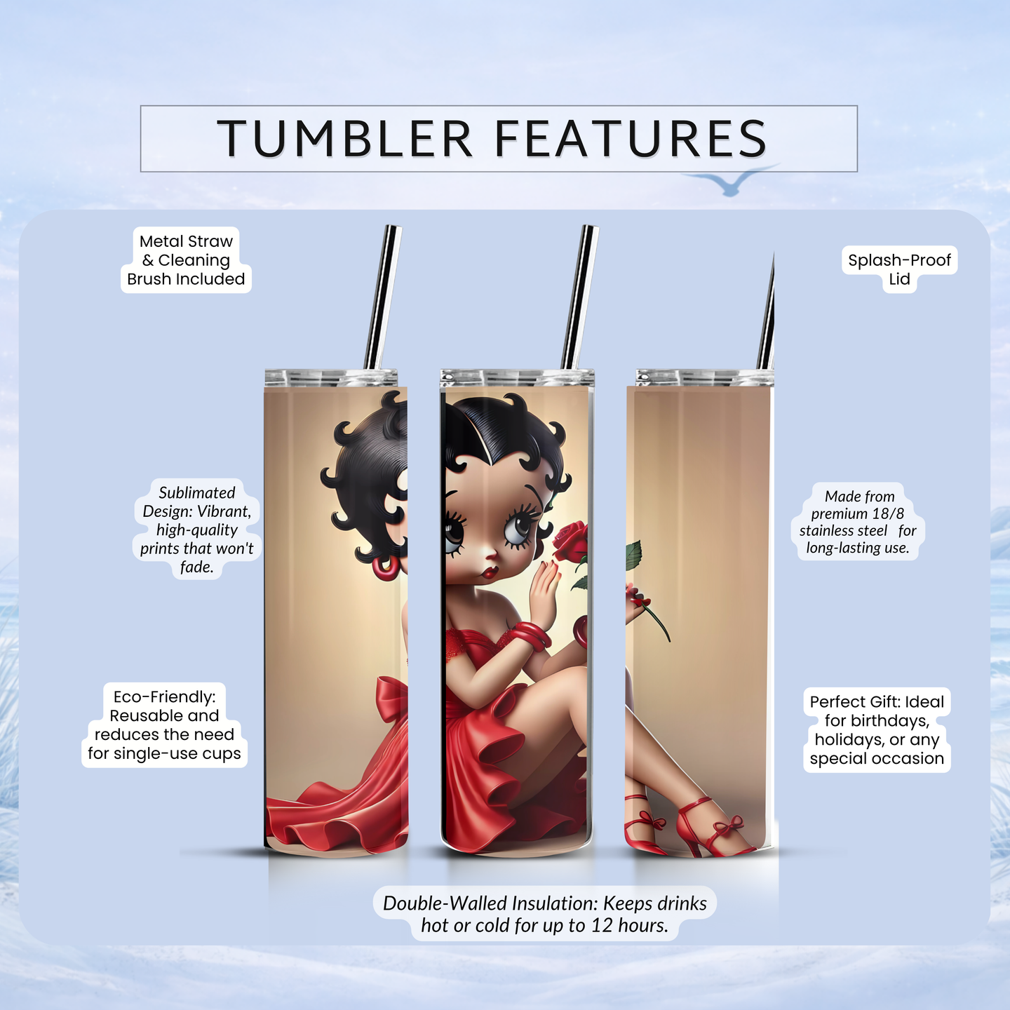 Tumbler with betty boop design on a light blue background, featuring text on tumbler features.