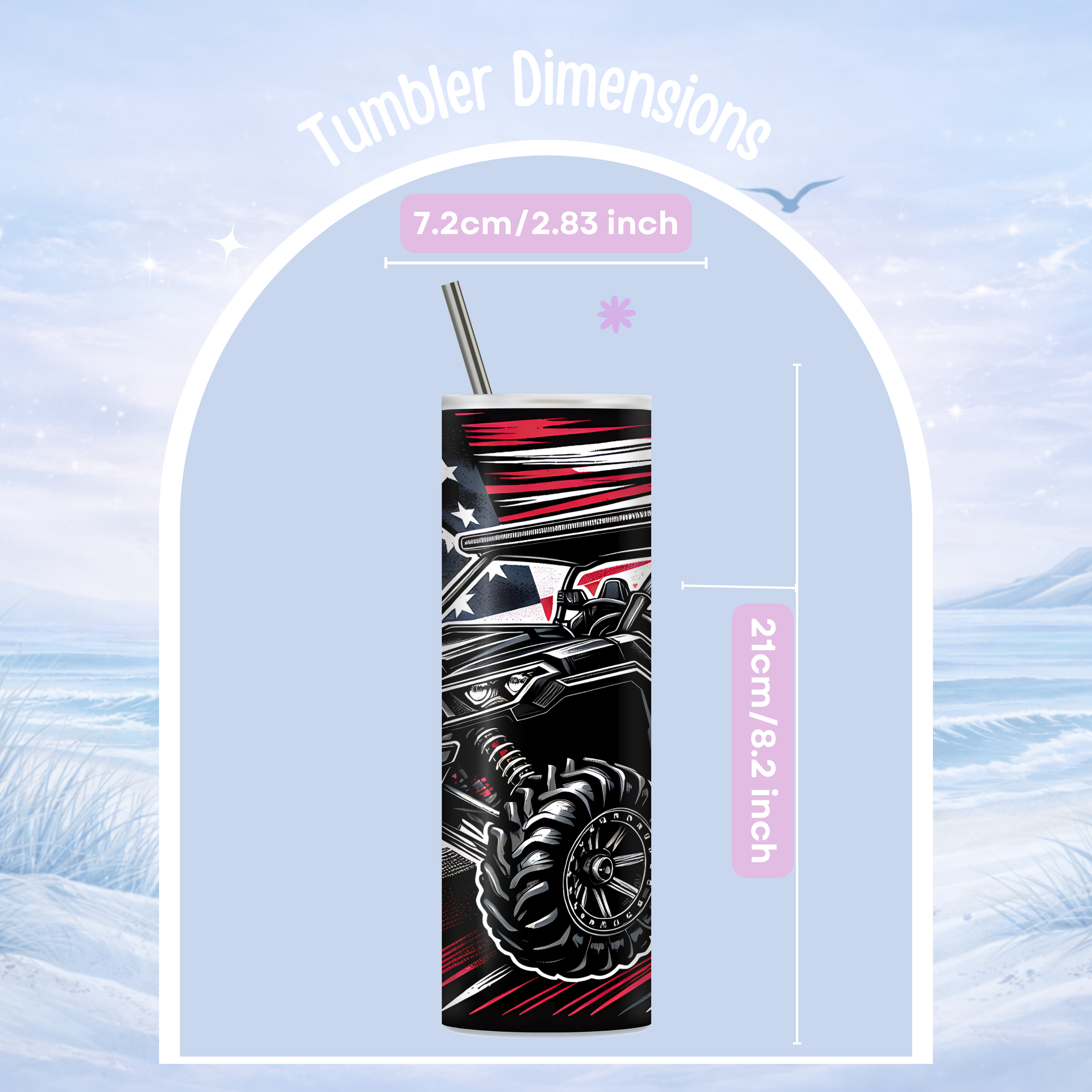 Tumbler with dimensions displayed on a light blue background