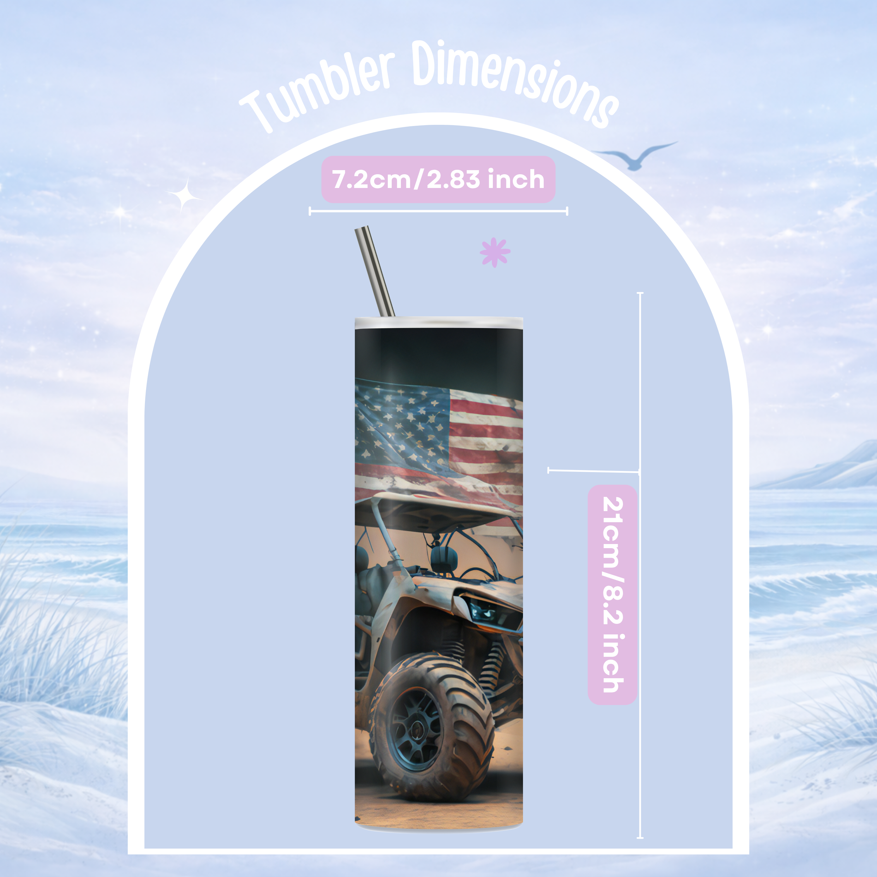 Tumbler with American flag design and measurements on a light blue background