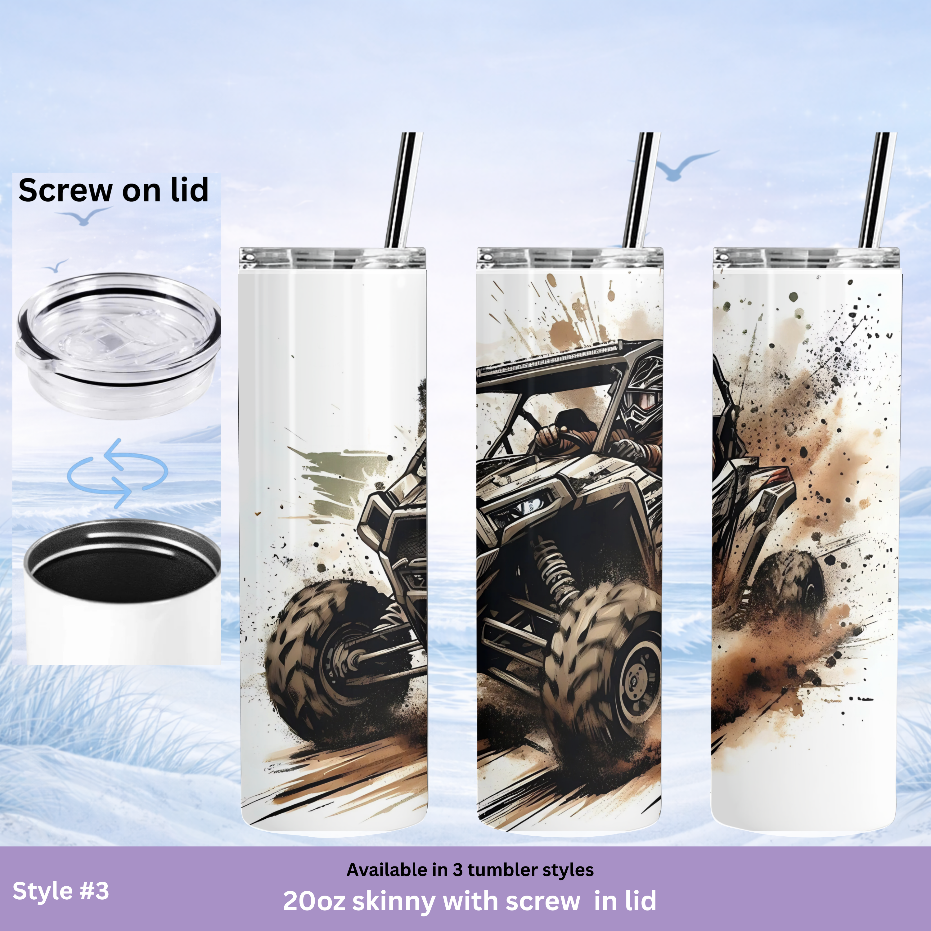 Tumbler with off-road vehicle design and screw-on lid on a blue sky background