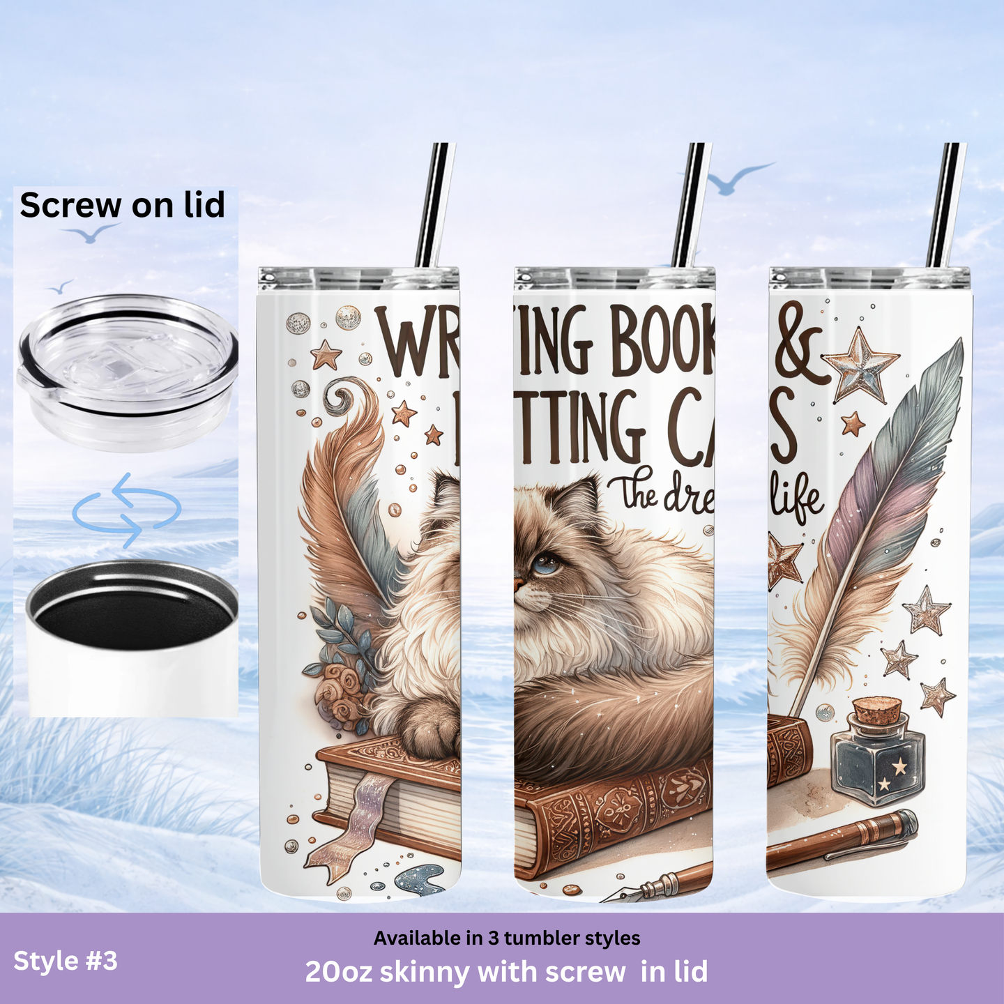 unique book tumbler writing theme cat design