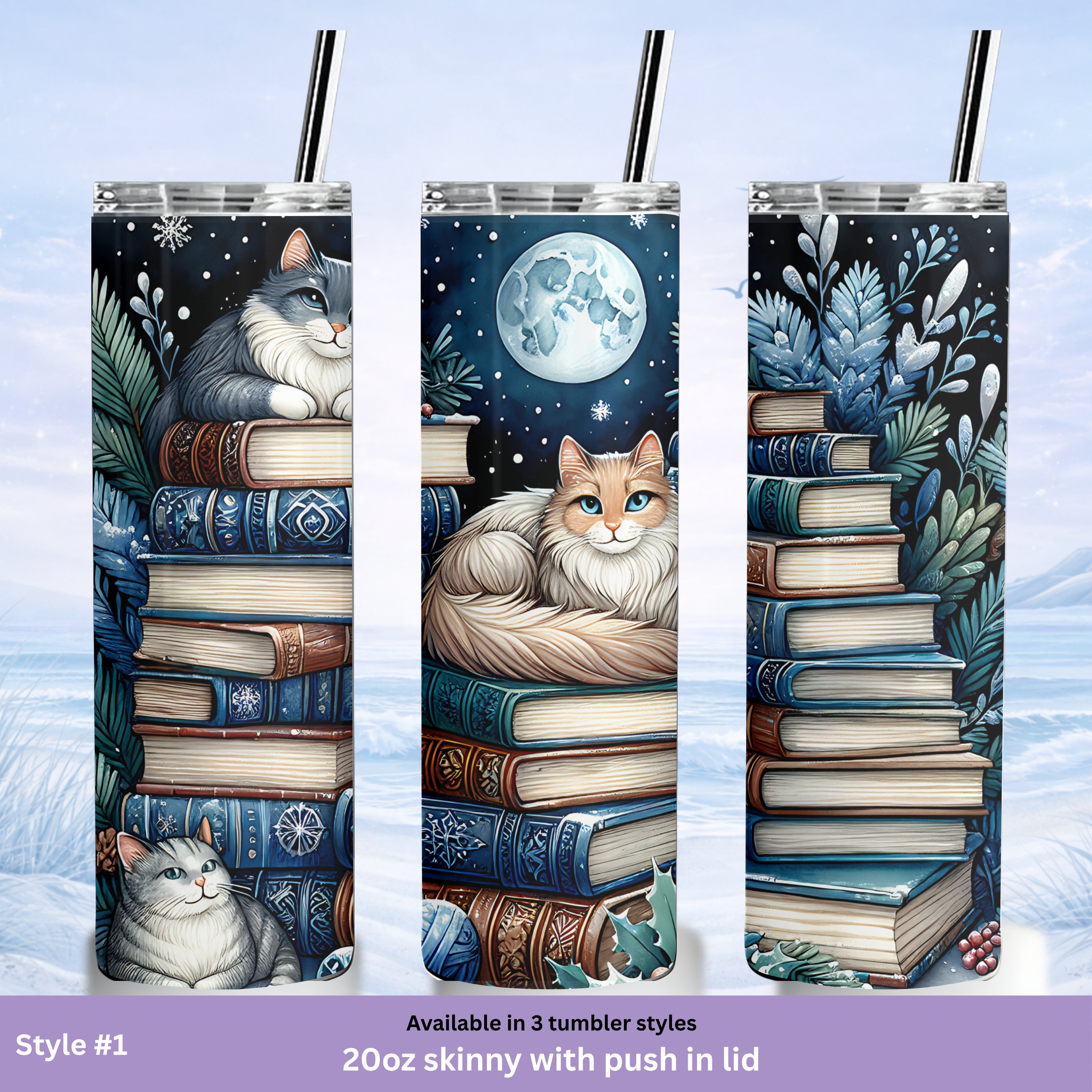 unique cat tumbler book lover night scene cup