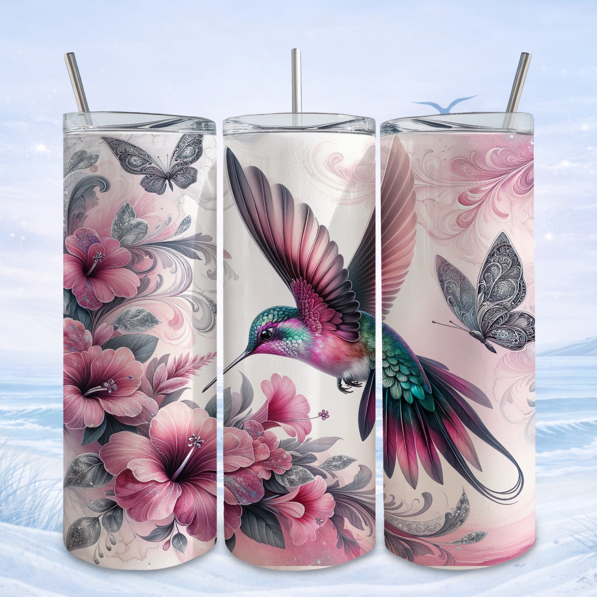 vibrant hummingbird floral tumbler design
