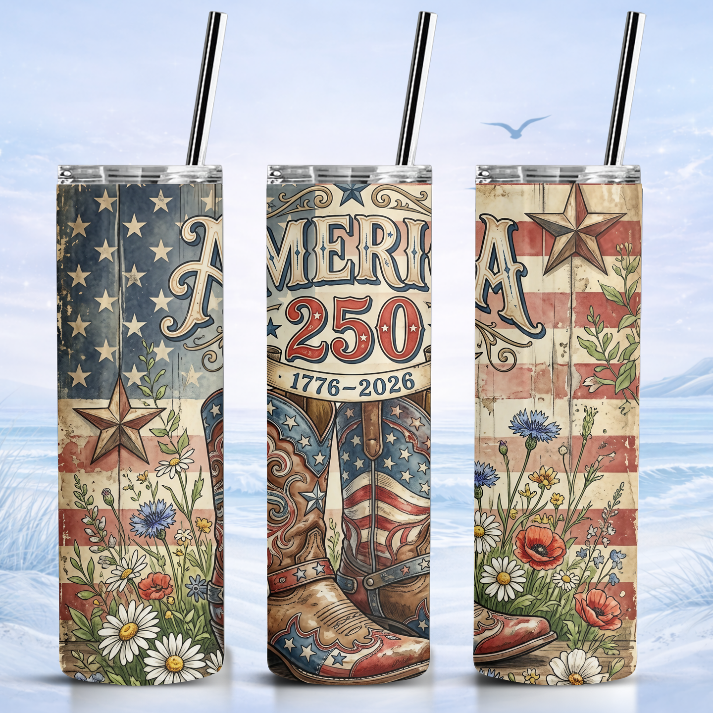 vintage americana floral tumbler patriotic western boots design