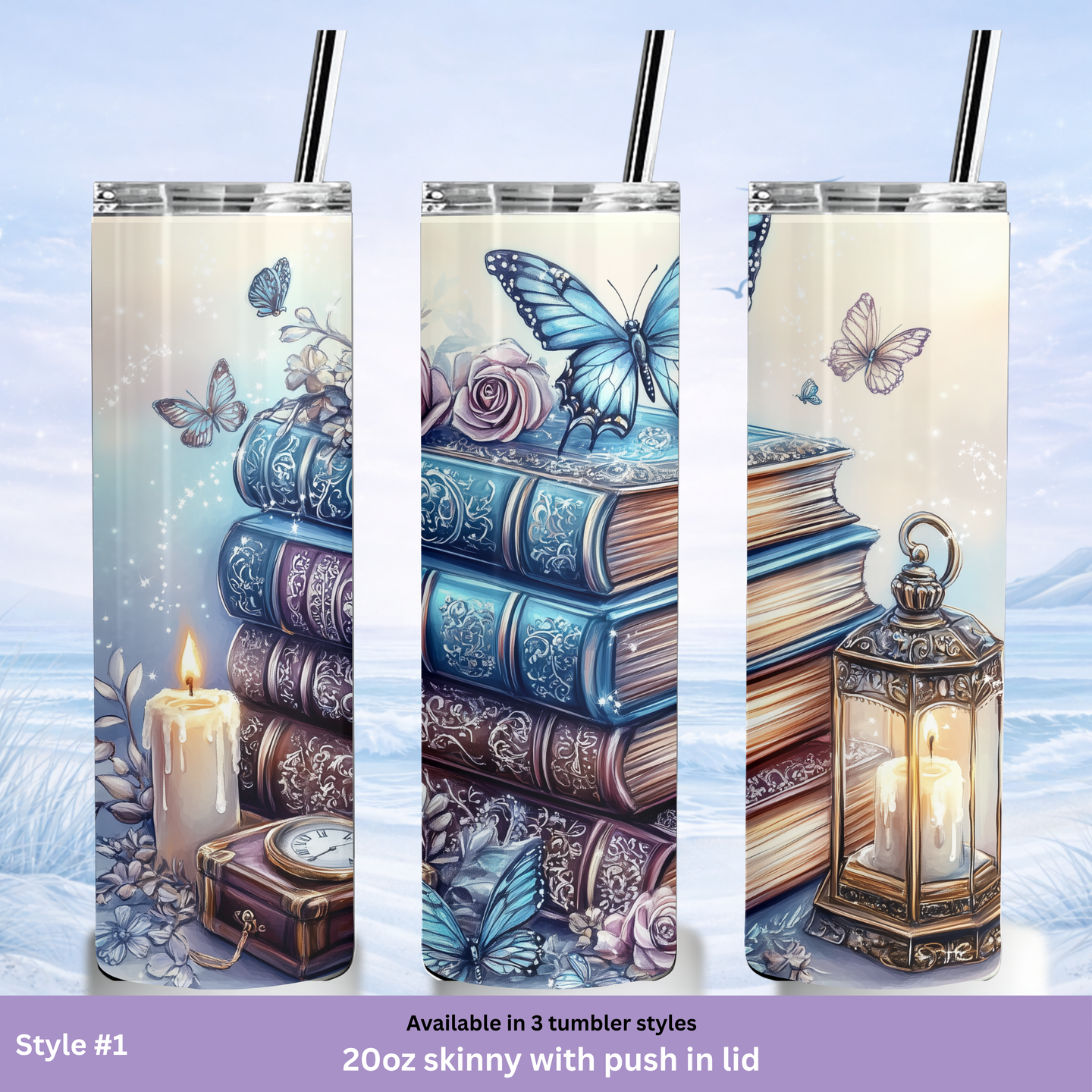vintage book stack tumbler butterfly candle artwork