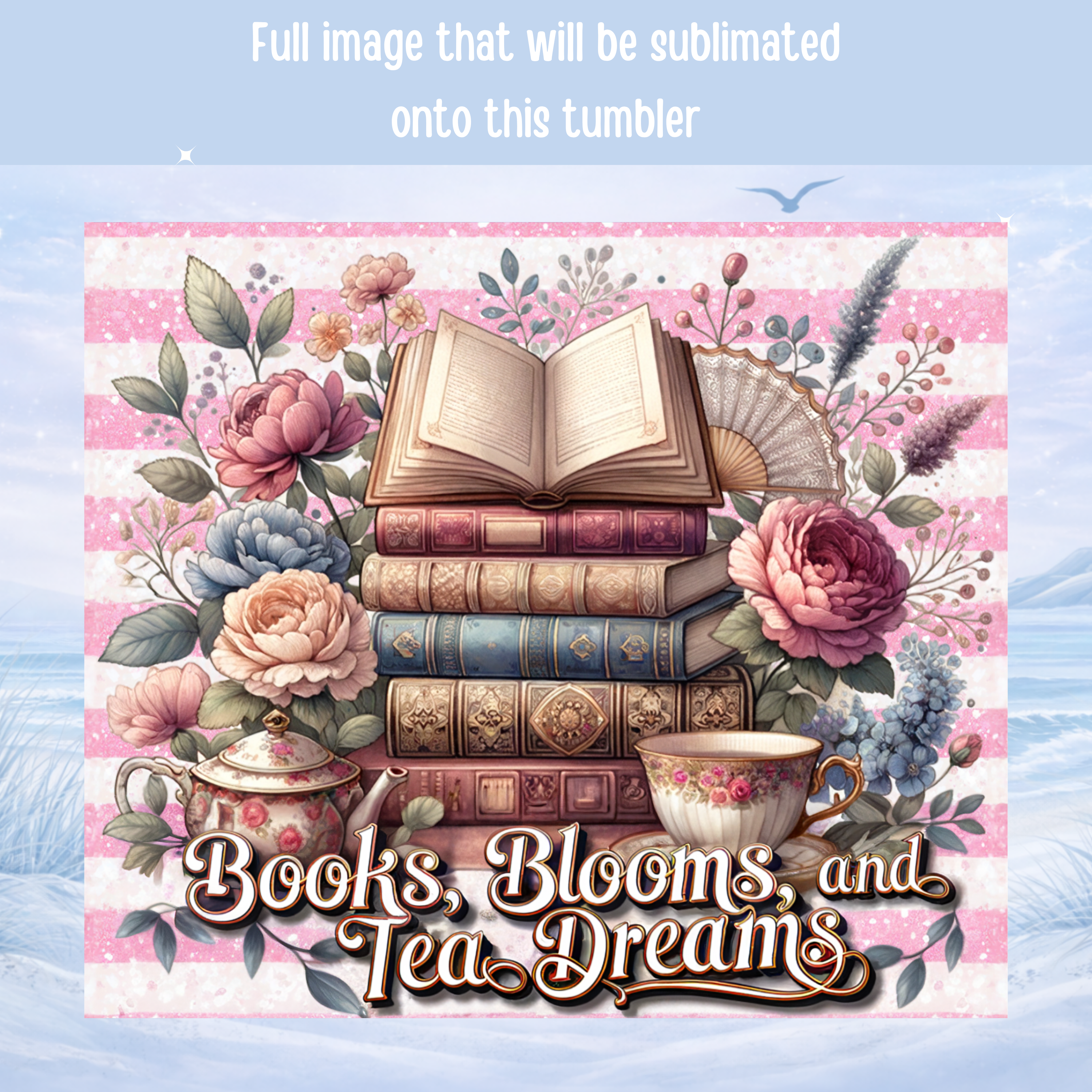 vintage books floral tumbler cozy tea aesthetic cup
