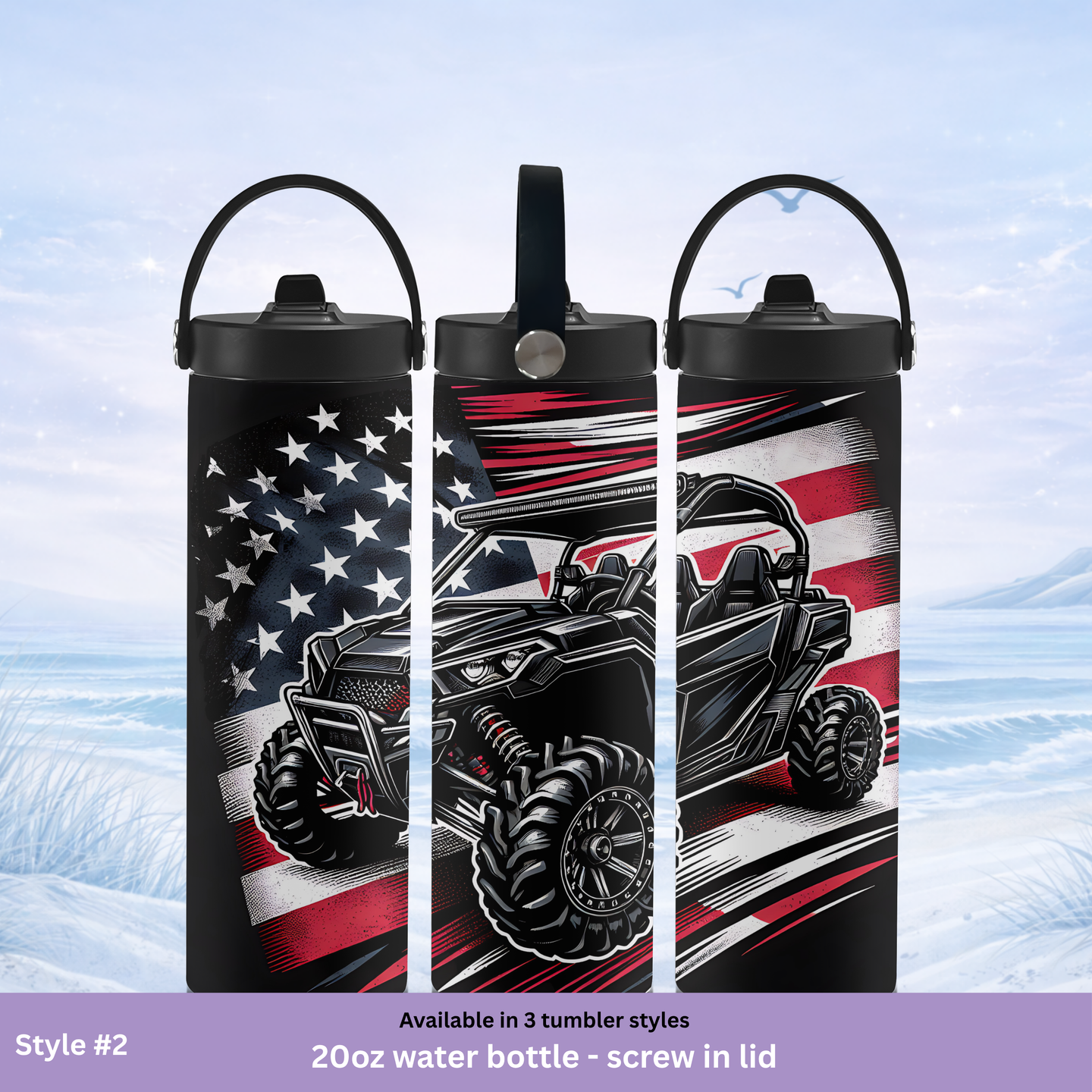 Water bottle with American flag and off-road vehicle design, featuring a screw-in lid.