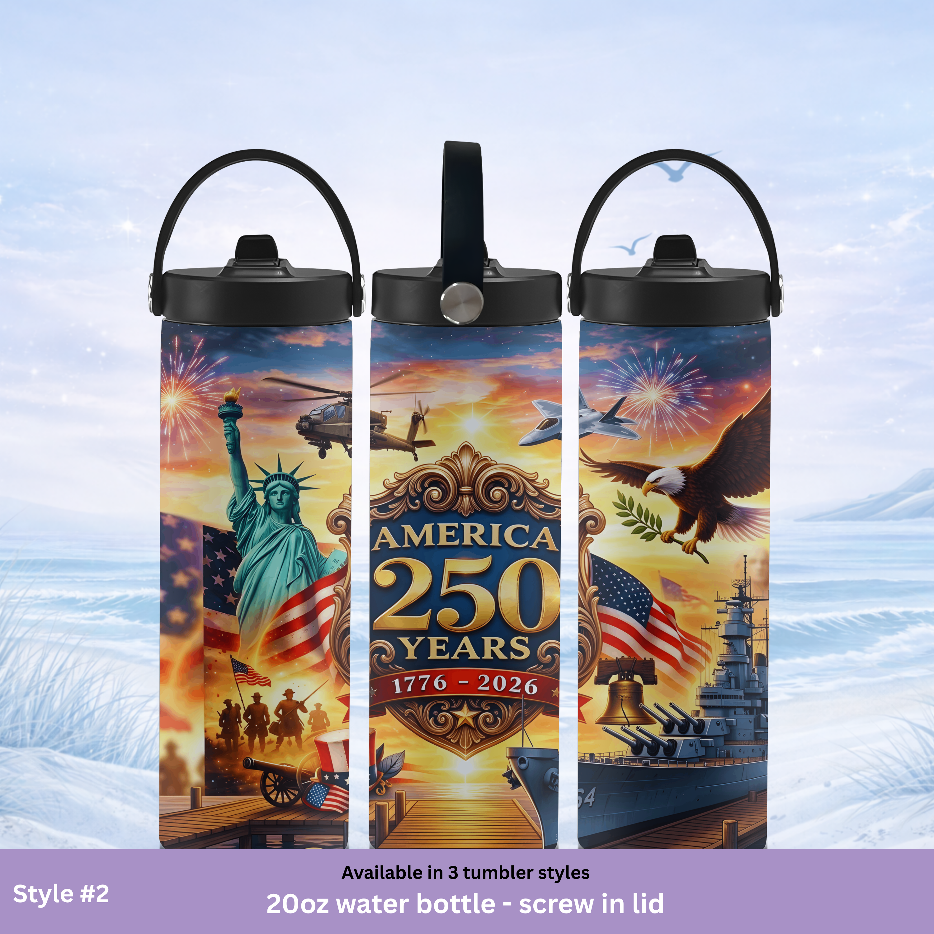 water bottle with patriotic designs on a light blue background
